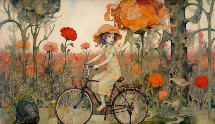 whimsical art style, surreal fantasy, A girl rides a bicycle; she is wearing a summer dress, and a sun hat. In the background, there is a field of poppies, and the poppies are enormous, disproportionate, the size of trees. color palette Rusty Red, Antique...