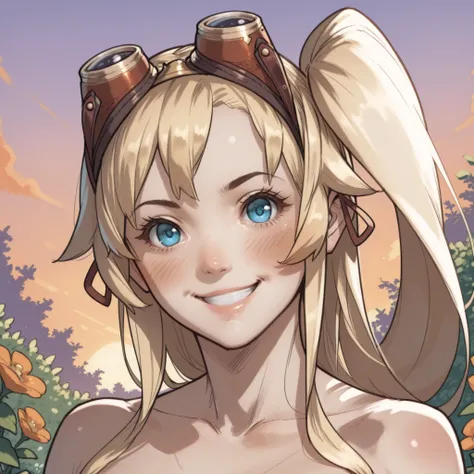 1girl, solo, realistic, (blush,  smile, sexy, head tilt, tilted head), looking at viewer, Ramona Dragalia Lost, long hair, ponytail, blonde hair, blue eyes, googles, googles on head, portrait, close-up
upper body, BREAK, Masatsugu Saito, Garden, sunset, or...