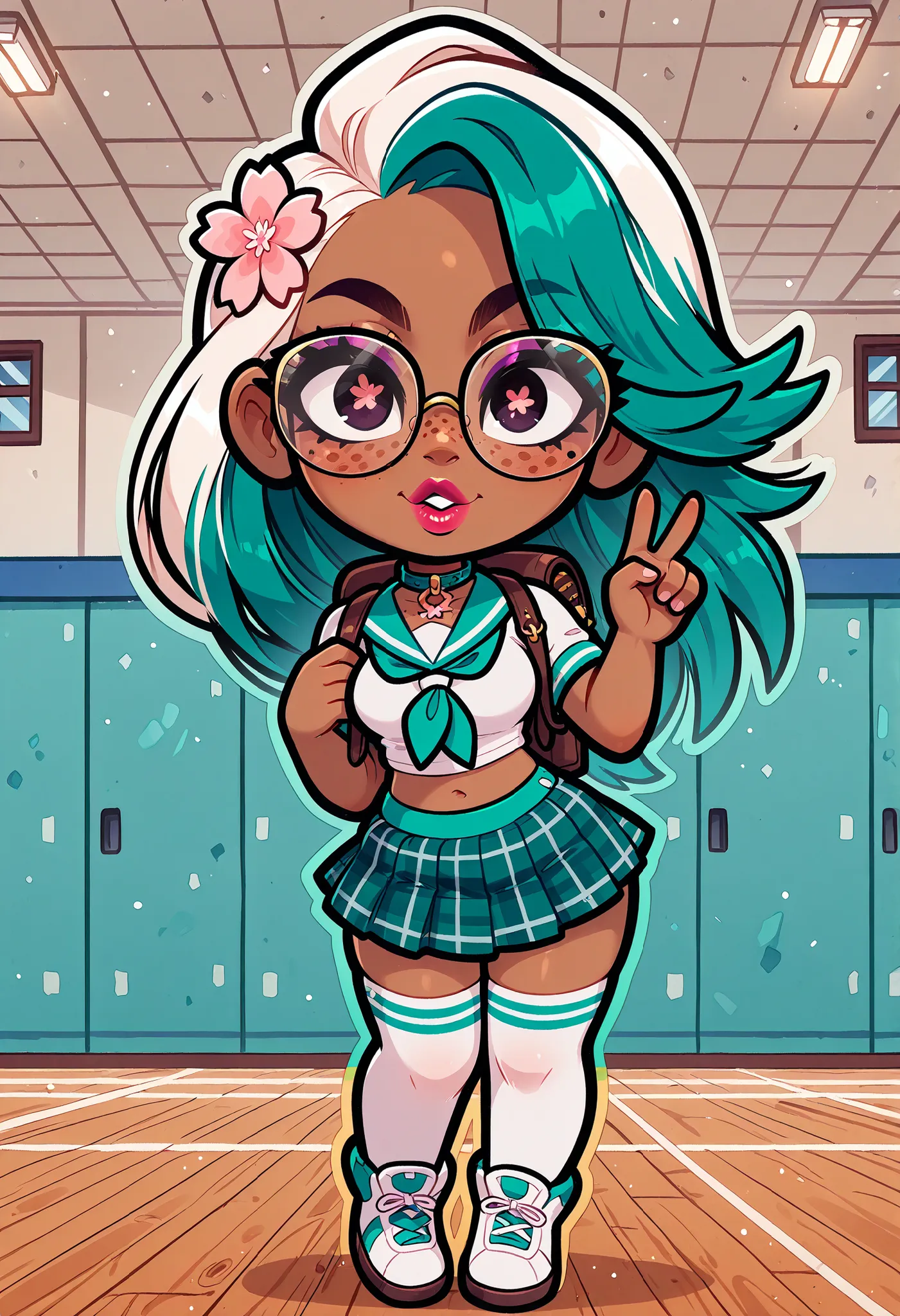 (masterpiece), 1girl, solo, best quality, expressive eyes, perfect face, newest, perfect anatomy, flawless face, dark skinned African female with long hair and glasses, multicolored hair, white knee high stockings, collar, tight green sailor top with short...