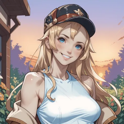 1girl, solo, realistic, (blush,  smile, sexy, head tilt, tilted head), looking at viewer, Ramona Dragalia Lost, long hair, loose hair, blonde hair, blue eyes, casual outfit, black cap, opened jacket, bare shoulders, off shoulder jacket, sleeveless shirt, p...