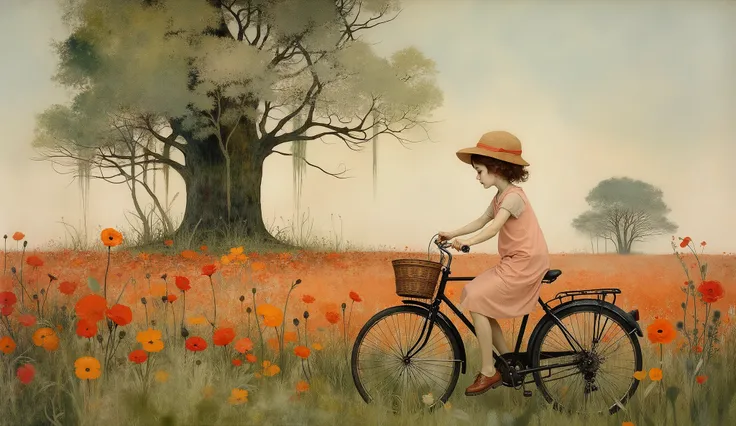 whimsical art style, surreal fantasy, A girl rides a bicycle; she is wearing a summer dress, and a sun hat. In the background, there is a field of poppies, and the poppies are enormous, disproportionate, the size of trees. color palette Rusty Red, Antique...