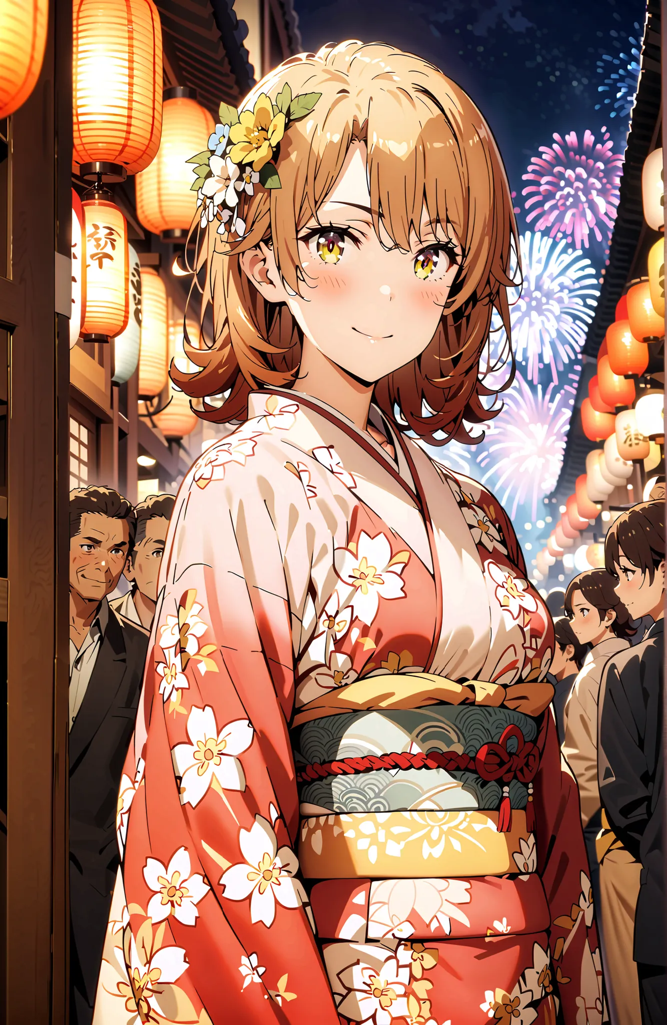 Iroha Isshiki, short hair, brown hair, brown eyes in the bedroom,flower hair ornament with ears,Yellow flower pattern kimono ,Medium breast,smile,blush,mouth,Light up fireworks,Red Lantern,Japanese stalls ,standing,night,crowd,in their 40s outdoors, Japane...