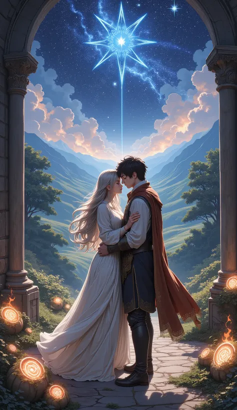 A romantic fantasy anime-style scene featuring a young man and woman standing close together under a moonlit sky, dressed in medieval-inspired clothing. The woman has long silver or golden hair, the man dark, tousled hair. They are surrounded by ancient ru...