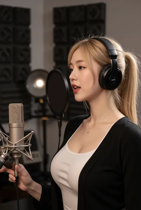 A beautiful Korean woman with a blonde ponytail singing passionately into a microphone in a professional recording studio. She is wearing modern stylish clothing, with soft lighting highlighting her features, and studio equipment like sound panels, a pop f...