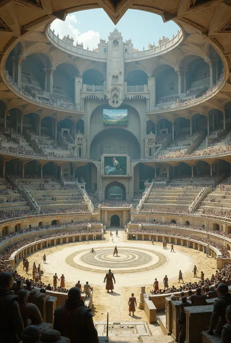 ((medieval sand )), (FULL ARENA RPG), large arena filled with people with a strong muscular orc in the center of the stage fighting a hero, epic tournament medieval RPG battle, 4k, 8k, unrealistic game engine.