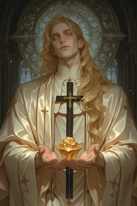 Male, man, solo, tall, slim, slender, golden-blonde hair long wavy silky, piercing ice blue eyes, skin pale and flawless like porcelain, with sharp, angelic features, ethereal, otherworldly beauty, he dresses in flowing white and crimson robes, appearance ...