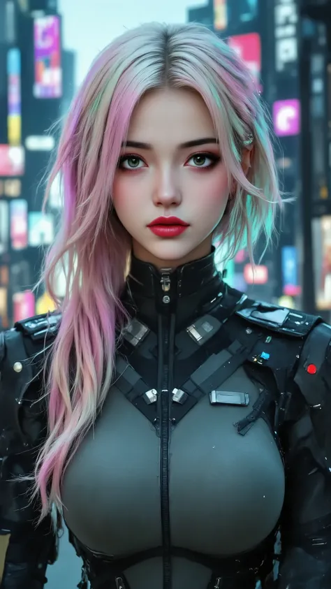 Cyberpunk Futuristic Woman，Rainbow Hair, Accurate Anatomy and Body Description, Beautiful Girl in Military Uniform, cyberpunk city background, 4k high resolution  , realistic, Real photos, Professional Illustration, HDR, studio lighting, Very fine texture,...