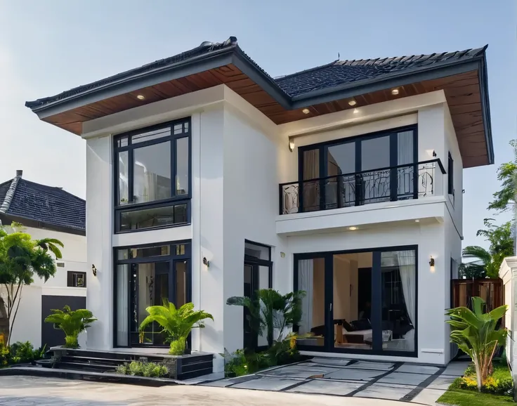 (masterpiece:1.2), best quality, photo of A two-story modern house in VietNam with white walls and dark tiles on the roof., tree and plant environment,daylight, streetcapes, natural light, vivid color, The exterior of an elegant single family home features...