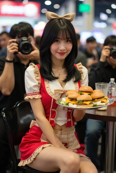 Create a portrait of a stunning Japanese female singer. She has a slender physique, medium-sized bust, and thin legs, with medium-length hair. Dress her in a waitress outfit reminiscent of a Western saloon, featuring a skirt with a small apron design and r...