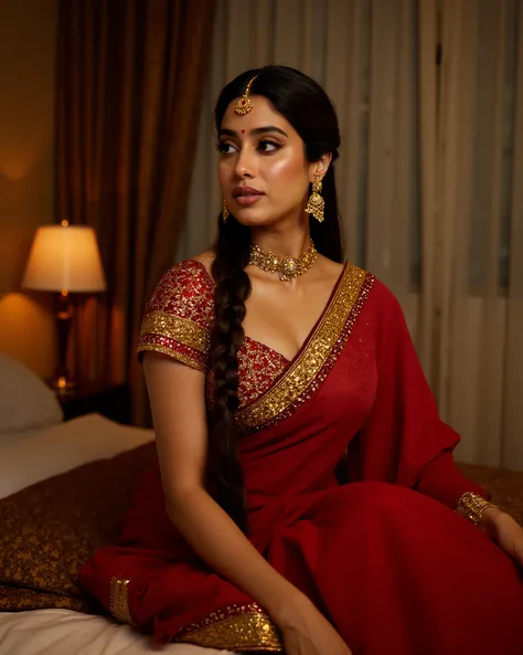 photograph, elegant woman, Indian ethnicity, long dark hair, braided, wearing traditional Indian attire, red and gold saree, gold jewelry, sitting on bed, soft lighting, warm tones, cozy bedroom, draped curtains, bedside lamp, vintage feel, intimate settin...