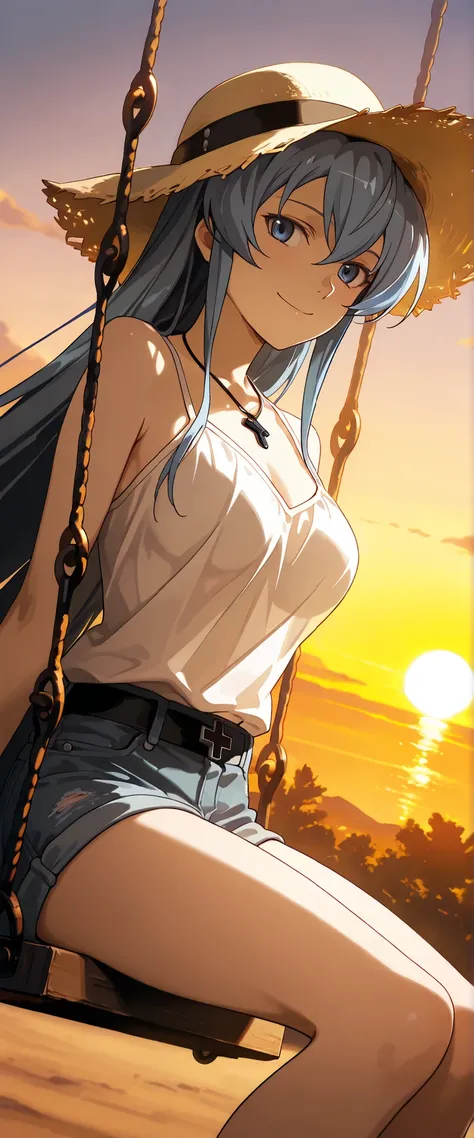 1 woman, esdeath (akame ga kill), dutch angle, blue hair, blue eyes, summer hat, beautiful necklace, white top, denim shorts, sitting on a swing, cheerful smile, windy, outdoors, sunset, chiaroscuro, masterpiece, high quality, highly detailed