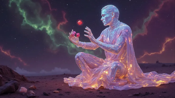 Abstract Surrealism Art. The celestial translucent man tries his hand at dice magic, purple cosmic skies with greens and reds. Mystical, galactical, fantasy, ray tracing, 16k, UHD, HDR, masterpiece, award winning