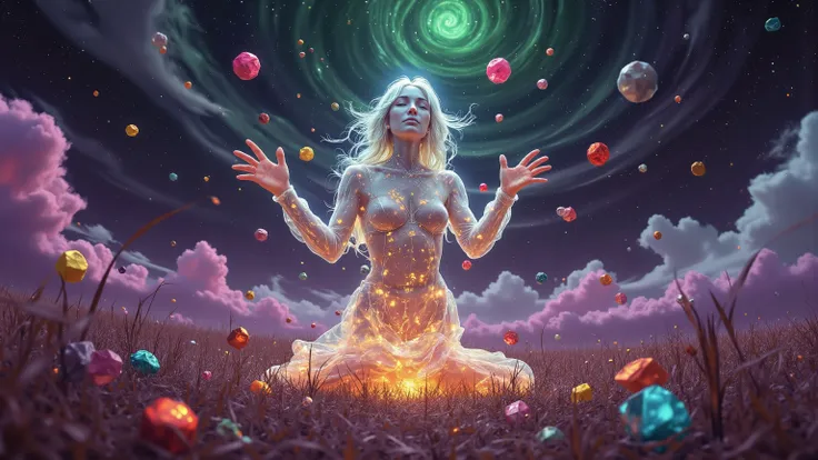 Abstract Surrealism Art. The celestial translucent man tries his hand at dice magic, purple cosmic skies with greens and reds. Mystical, galactical, fantasy, ray tracing, 16k, UHD, HDR, masterpiece, award winning