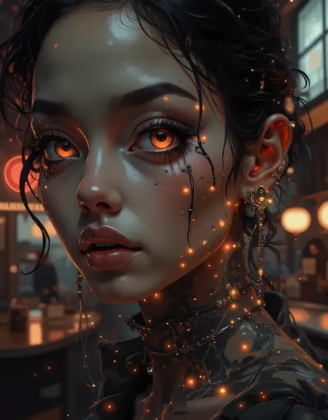 ((image in the center, close-up of a beautiful woman, full face with exaggerated features, caricatured in the style of kawaii : 1.52, thick and plump lips with sequins that can be kissed, large, with sparkles and reflections, false eyelashes and elongated ...