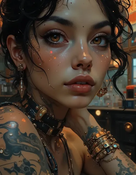 ((image in the center, close-up of a beautiful woman, full face with exaggerated features, caricatured in the style of kawaii : 1.52, thick and plump lips with sequins that can be kissed, large, with sparkles and reflections, false eyelashes and elongated ...