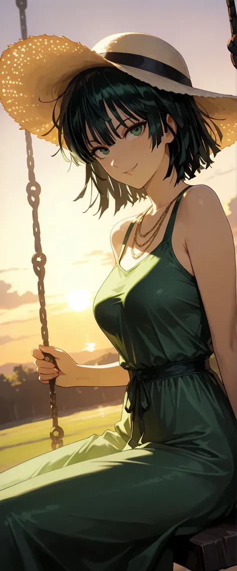 1 woman, fubuki (one punch man), dutch angle, dark hair, green eyes, summer hat, beautiful necklace, green summer dress, sitting on a swing, cheerful smile, windy, outdoors, sunset, chiaroscuro, masterpiece, high quality, highly detailed