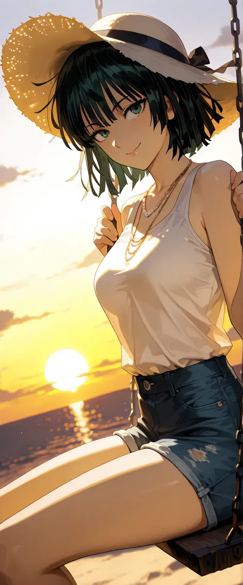 1 woman, fubuki (one punch man), dutch angle, dark hair, green eyes, summer hat, beautiful necklace, white top, denim shorts, sitting on a swing, cheerful smile, windy, outdoors, sunset, chiaroscuro, masterpiece, high quality, highly detailed