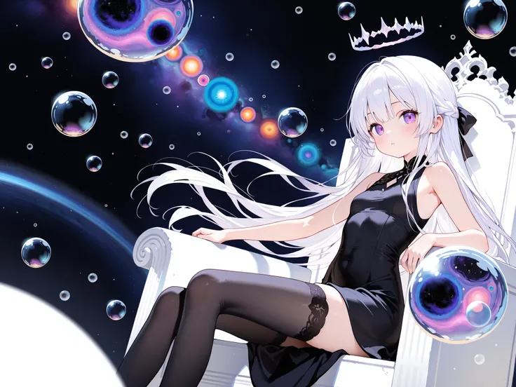 1 girl only, young girl , of white hair, purple eyes, (with long black stockings, sleeveless black fitted dress) sexy pose, sitting on a white throne , (surrounded by bubbles with galaxies inside) Floating around her