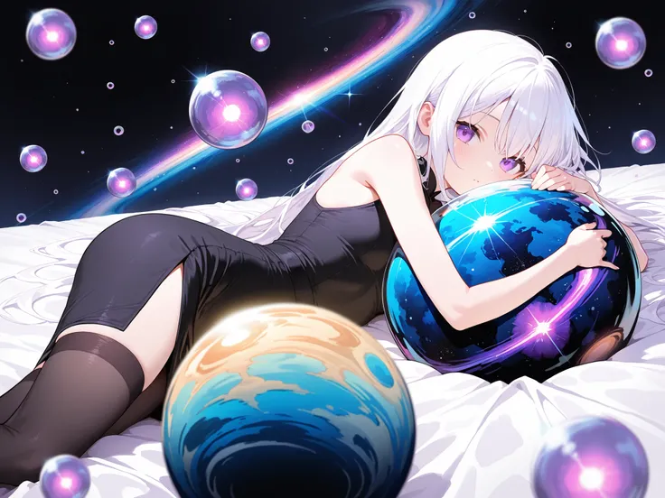 1 girl only, young girl , of white hair, purple eyes, (with long black stockings, sleeveless black fitted dress) sexy pose, lying on a white bed, (surrounded by purple bubbles with galaxies inside) Floating around her