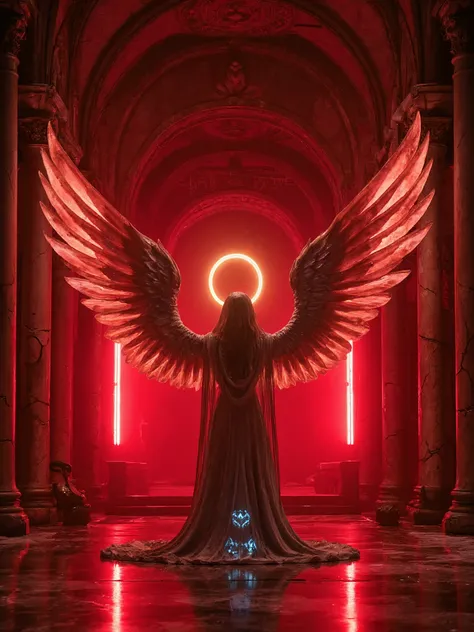 A majestic baroque angel with open wings, glowing red neon lights illuminating the scene inside a decaying cathedral, golden halo carved into the wall behind the head, intricate cracked stone textures and ornate details around, soft red reflections on marb...
