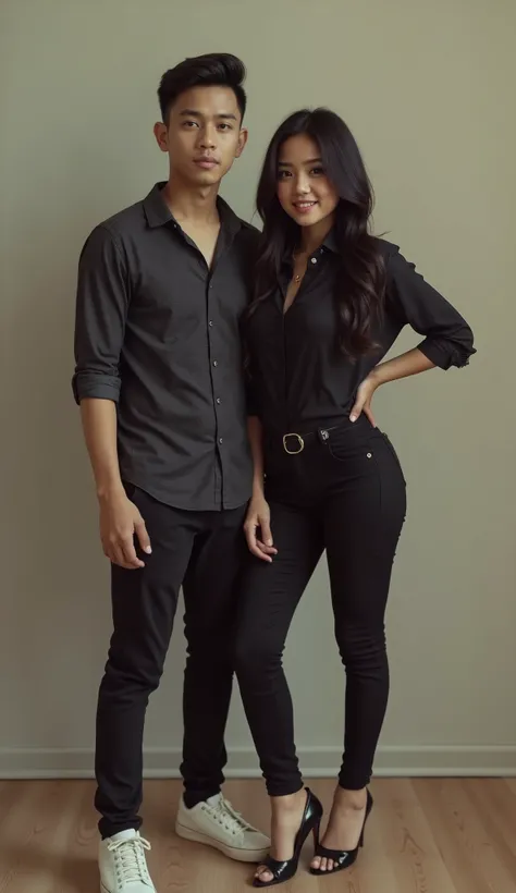 an Indonesian man and an Indonesian woman standing next to each other, an image, inspired by Adam Dario Keel, which is trending in the cg community, a handsome young Indonesian man with a beautiful young Indonesian woman with black wavy hair, a man dressed...