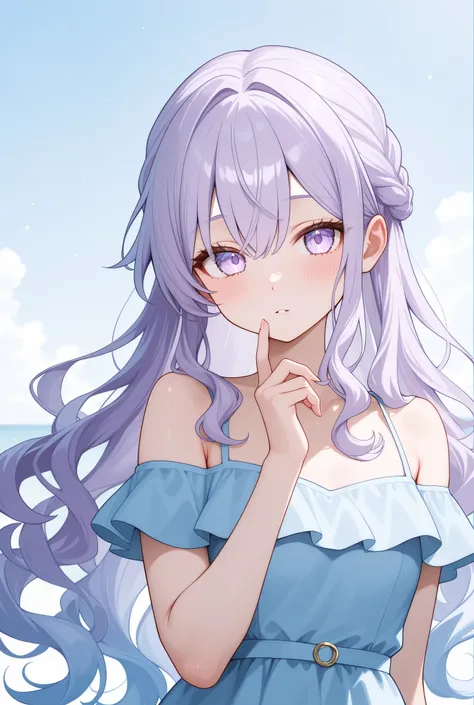 loose, wavy hair up to the waist(The hairline is blue and gradates from the shoulders to pink towards the tips)、Young woman with light purple eyes、dress