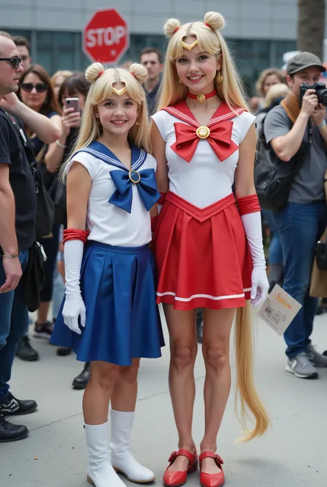 Create a realistic photograph of two girls: a beautiful, fair-skinned 20-year-old woman and an adorable fair-skinned young girl. The woman has very long, straight blonde hair styled in two buns and extremely long twin tails. They are both wearing Sailormoo...