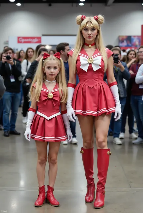 Create a realistic photograph of two girls: a beautiful, fair-skinned 20-year-old woman and an adorable fair-skinned young girl. The woman has very long, straight blonde hair styled in two buns and extremely long twin tails. They are both wearing Sailormoo...