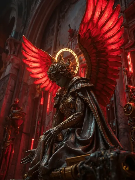 Close-up shot of A majestic baroque angel with open wings, glowing red neon lights illuminating the scene inside a decaying cathedral, golden halo carved into the wall behind the head, intricate cracked stone textures and ornate details around, soft red re...