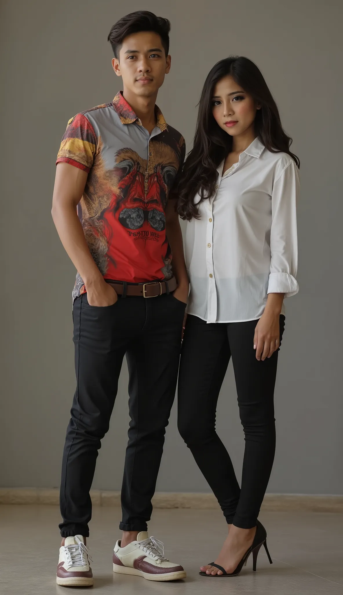 an Indonesian man and an Indonesian woman standing next to each other, an image, inspired by Adam Dario Keel, which is trending in the cg community, a handsome young Indonesian man with a beautiful young Indonesian woman with black wavy hair, a man dressed...