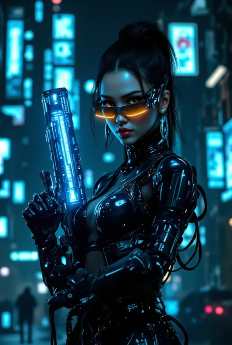 a cyberpunk-themed female figure in a sleek black futuristic outfit, holding a glowing blue sci-fi weapon, in a dystopian urban cityscape with neon lights, holographic displays, and advanced technologyhighly detailed, 8K, photorealistic, cyberpunk, female ...