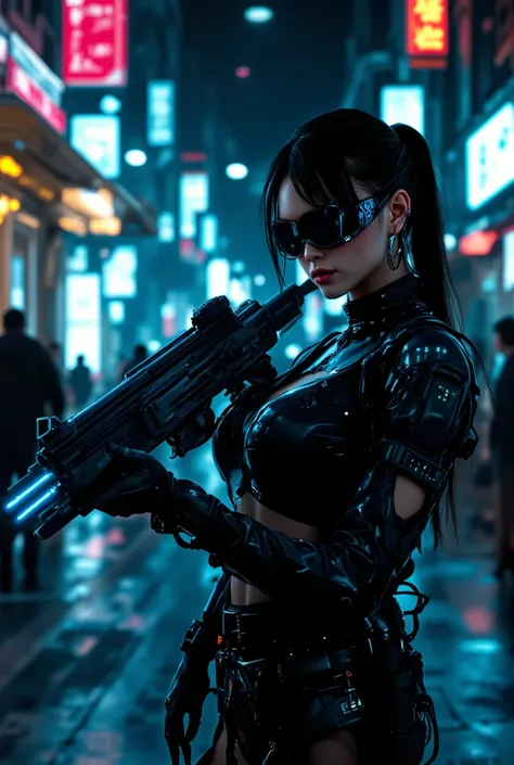 a cyberpunk-themed female figure in a sleek black futuristic outfit, holding a glowing blue sci-fi weapon, in a dystopian urban cityscape with neon lights, holographic displays, and advanced technologyhighly detailed, 8K, photorealistic, cyberpunk, female ...