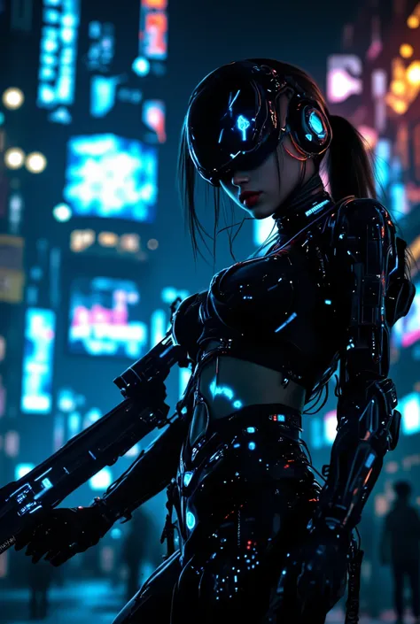 a cyberpunk-themed female figure in a sleek black futuristic outfit, holding a glowing blue sci-fi weapon, in a dystopian urban cityscape with neon lights, holographic displays, and advanced technologyhighly detailed, 8K, photorealistic, cyberpunk, female ...