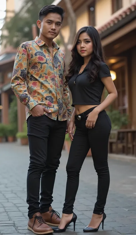 an Indonesian man and an Indonesian woman standing next to each other, an image, inspired by Adam Dario Keel, which is trending in the cg community, a handsome young Indonesian man with a beautiful young Indonesian woman with black wavy hair, a man dressed...