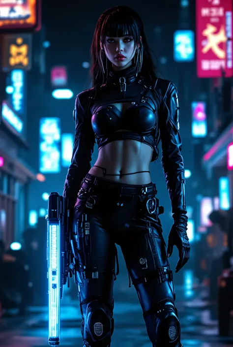a cyberpunk-themed female figure in a sleek black futuristic outfit, holding a glowing blue sci-fi weapon, in a dystopian urban cityscape with neon lights, holographic displays, and advanced technologyhighly detailed, 8K, photorealistic, cyberpunk, female ...