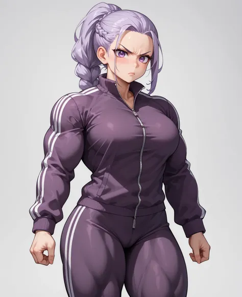 source_anime ,score_9, score_8_ up, score_7, ((White background)) White skin ((Russian woman)) ((1girl)) (narrow-eyed) Fierce face ,slender face, (solo girl) ,30 years old, rathing_explicit , (purple eyes), (white ponytail braid:1.2) ((purple full zip tr...
