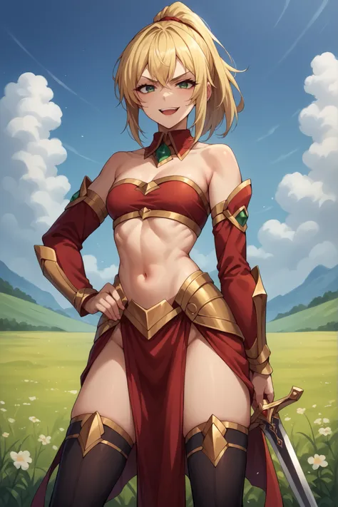 score_9, score_8_up, score_7_up, score_6_up, source_anime, BREAK 1girl, solo,  defMord, blonde hair, green eyes, ponytail, detached collar, red bandeau, detached sleeves, gold trim, armored legwear, pelvic curtain, black thighhighs, smug, smirk, open mouth...