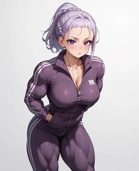 source_anime ,score_9, score_8_ up, score_7, ((White background)) White skin ((Russian woman)) ((1girl)) (narrow-eyed) Fierce face ,slender face, (solo girl) ,30 years old, rathing_explicit , (purple eyes), (white ponytail braid:1.2) ((purple full zip tr...
