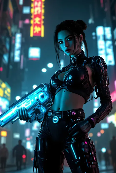 a cyberpunk-themed female figure in a sleek black futuristic outfit, holding a glowing blue sci-fi weapon, in a dystopian urban cityscape with neon lights, holographic displays, and advanced technologyhighly detailed, 8K, photorealistic, cyberpunk, female ...
