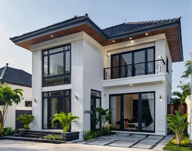 (masterpiece:1.2), best quality, photo of A two-story modern house in VietNam with white walls and dark tiles on the roof., tree and plant environment,daylight, streetcapes, natural light, vivid color, The exterior of an elegant single family home features...