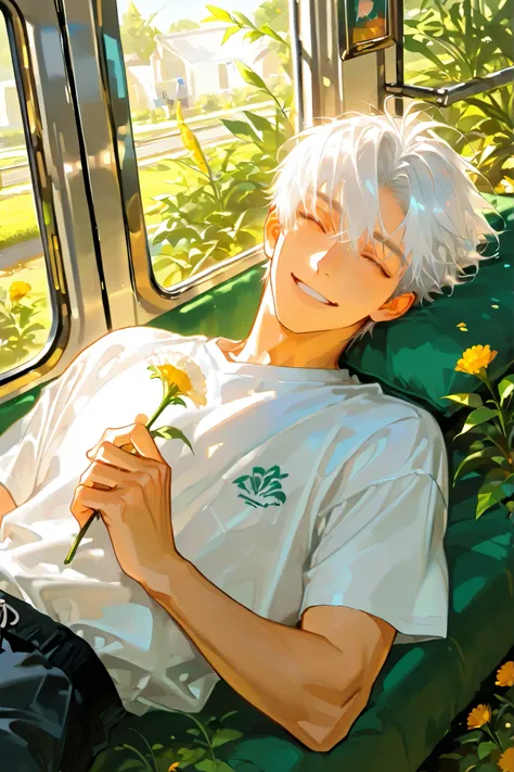  [handsome guy，line shirt, Handsome, white hair, 1 person, garden，Smile lightly，Bangs，Sunlight，holding a flower， in the train ，short hair，lying down