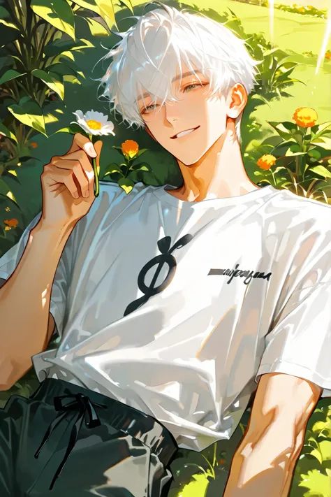  [handsome guy，line shirt, Handsome, white hair, 1 person, garden，Smile lightly，Bangs，Sunlight，holding a flower， in the train ，short hair，lying down