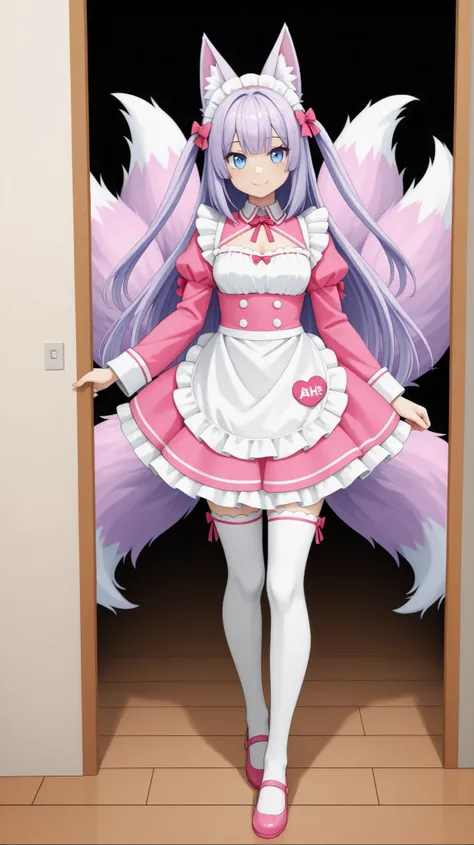 cute, anime, kitsune girl. really really bright pink ears and 9 tails. her ears are very small. very bright purple hair. her hair is so long that it reaches the floor and even further. she has really really really much hair. a very bright pink maid outfit....