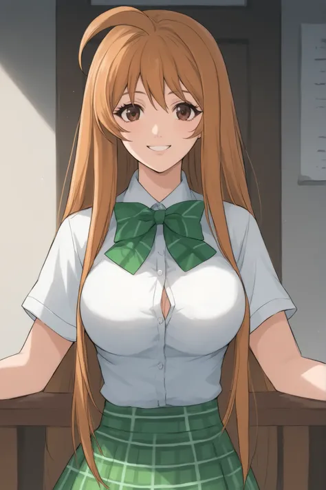 best quality,masterpiece,looking at viewer,absurdres,1girl,score_9,score_8_up,score_7_up,source_anime BREAK natsume aya,orange hair,long hair,brown eyes,ahoge,breasts,white ,skirt,bow,plaid,large breasts, plaid, green plaid skirt, smile