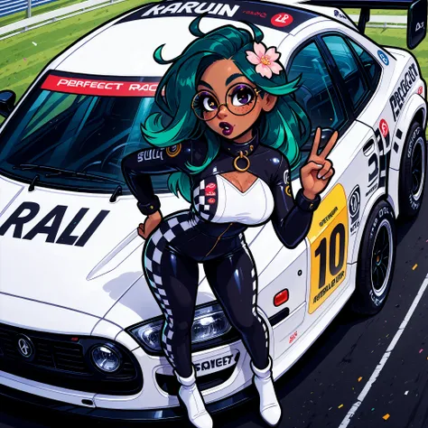 (masterpiece), 1girl, solo, best quality, expressive eyes, perfect face, newest, perfect anatomy, flawless face, dark skinned African female with long hair and glasses, multicolored hair, collar, tight and sexy white racer girl outfit, color saturation, ma...