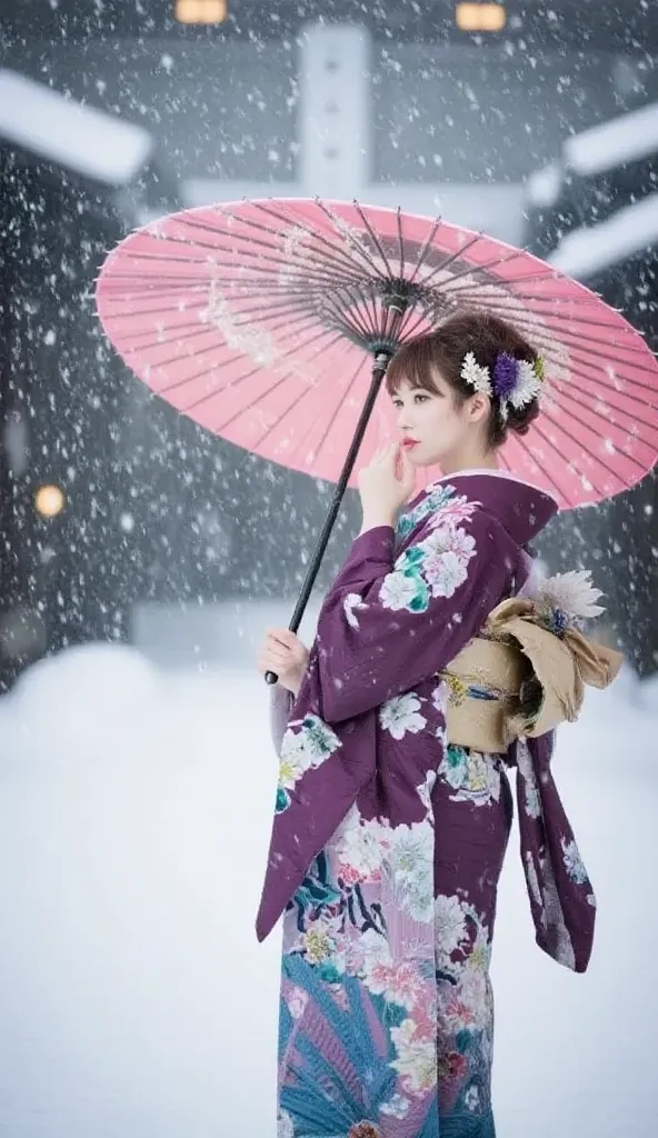 - Foreground: Heavy snowfall blankets the scene, large flakes drifting gently yet persistently through the cold air. The ground is covered in a pristine layer of white, disturbed only by soft, delicate footprints. Snow swirls lightly, catching ambient light, creating a shimmering effect against the crisp winter atmosphere.
- Middle: A graceful maiko (apprentice geisha) moves through the snowfall, clad in a stunning furisode kimono, its intricate patterns slightly dusted with fresh snow. She holds a traditional Japanese wagasa (oil-paper umbrella), the lacquered surface glistening under the dim winter light. Her posture is poised, elegant, as she steps forward with measured grace. The kanzashi ornaments in her hair sparkle faintly, tiny flecks of snow settling atop her elaborately styled coiffure. Her gaze is serene, lost in the quiet beauty of the falling snow.
- Background: The blurred outline of a historic Kyoto street, enveloped in soft winter haze. The faint silhouettes of traditional wooden machiya houses line the path, their rooftops layered with snow. A distant glow emanates from a hidden tea house, lanterns casting muted golden light onto the frost-covered ground. The peaceful, timeless atmosphere evokes both nostalgia and poetic beauty, as if suspended in a fleeting, dreamlike moment
