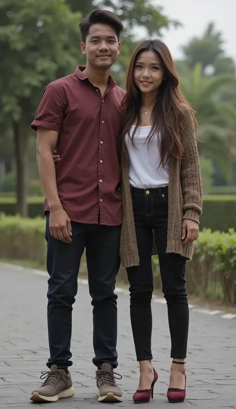 an Indonesian man and an Indonesian woman standing next to each other, an image, inspired by Adam Dario Keel, which is trending in the cg community, a handsome young Indonesian man with a beautiful young Indonesian woman with tangled hair, a man dressed in...