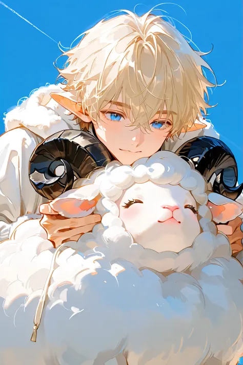 fluffy，sheep， boy、Blue Sky Prairie 、 very cute girl、
