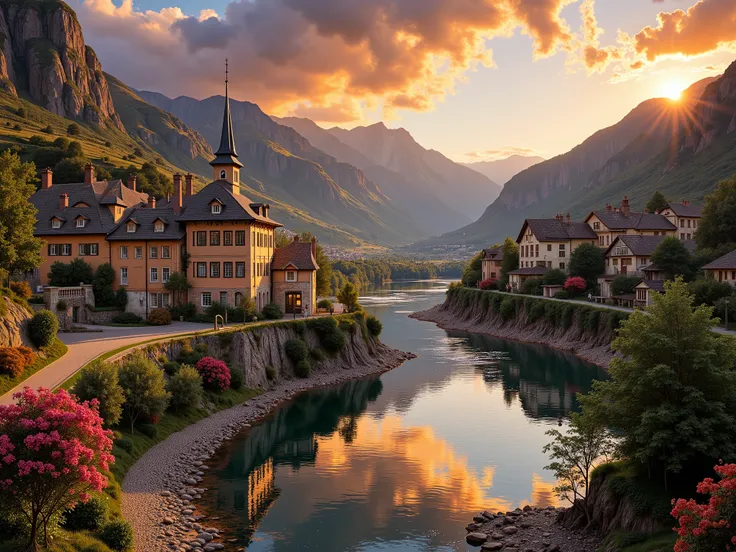 a small village by the river, mountains in the background, floral flowers colorful, detailed landscape, Beautiful natural landscapes, atmospheric lighting, scorching sunset, warm colours, practical, photopractical, Detailed Foliage, complex buildings, cobb...