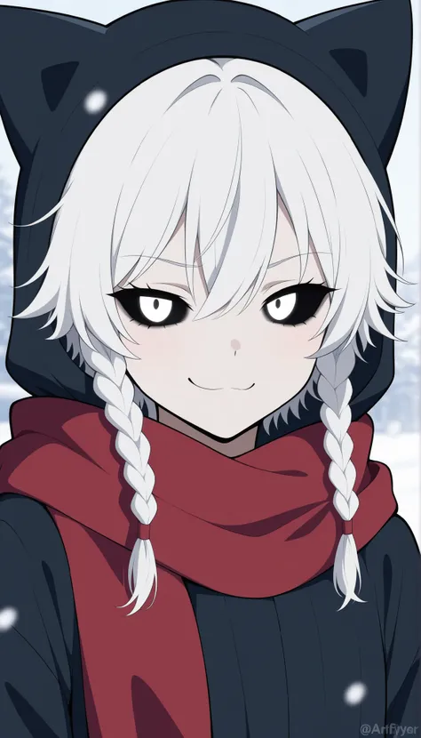 High quality photos , Очень подробная иллюстрация High quality photos ,Ultra detailed illustration , snow-white skin, (guy:1,9), cat ear hood, OwO, completely black eye sclera, black irises, white eye strokes, white pupils , smug , a fem...